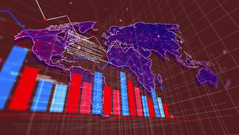 global financial data processing over bar charts and world map animation