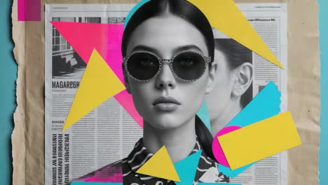 stylish woman in sunglasses with abstract geometric shapes and newspaper background