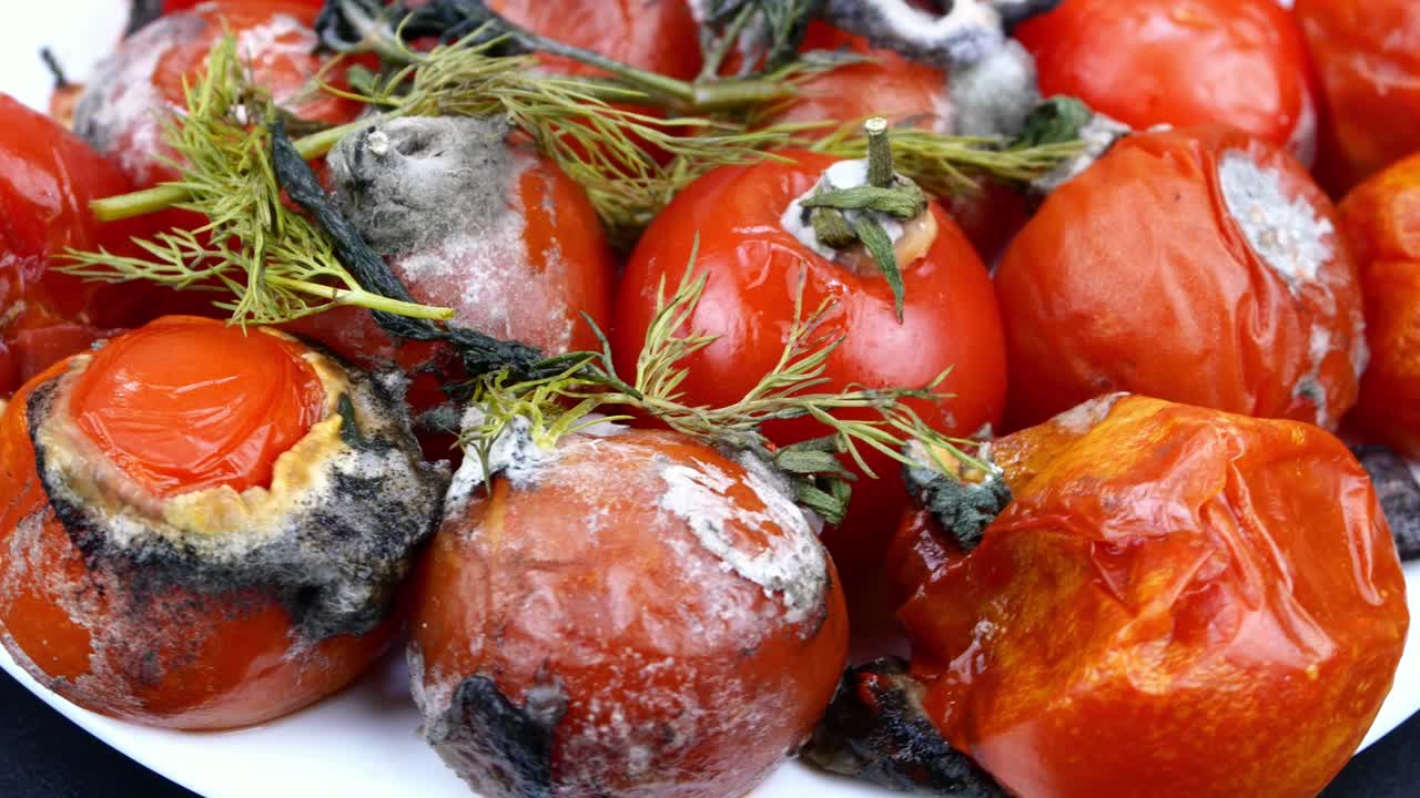 Spoiled rotten tomatoes with dill, rot mold on vegetables, pile organic bio waste.