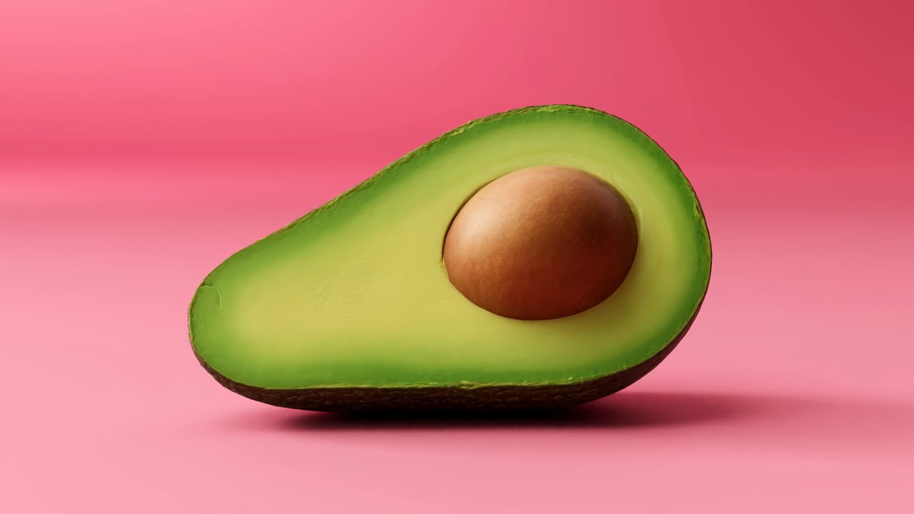 Avocado a metà con polpa verde matura e nocciolo marrone lucido su sfondo rosa brillante, illuminazione da studio soffusa, minimalista