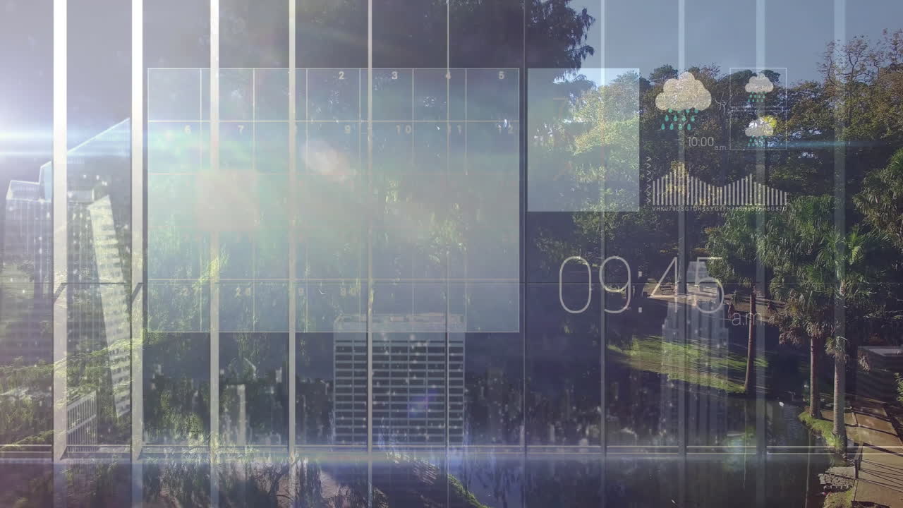Animating weather forecast over cityscape with trees and buildings