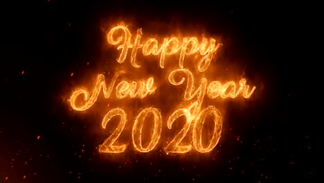 happy new year 2020 word hot burning on realistic fire flames sparks and smoke continuous seamlessly loop animation