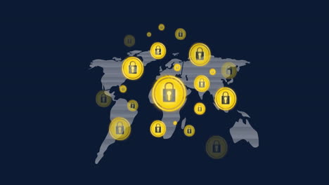 animación de iconos de candados amarillos sobre el mapa del mundo sobre fondo azul