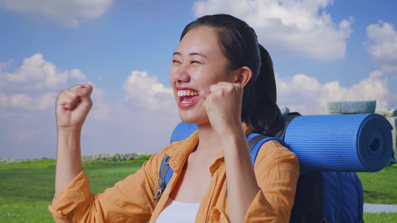 Close Up Side View Of Asian Female Hiker With Mountaineering Backpack Screaming Goal Celebrating The Success While Traveling In Stonehenge