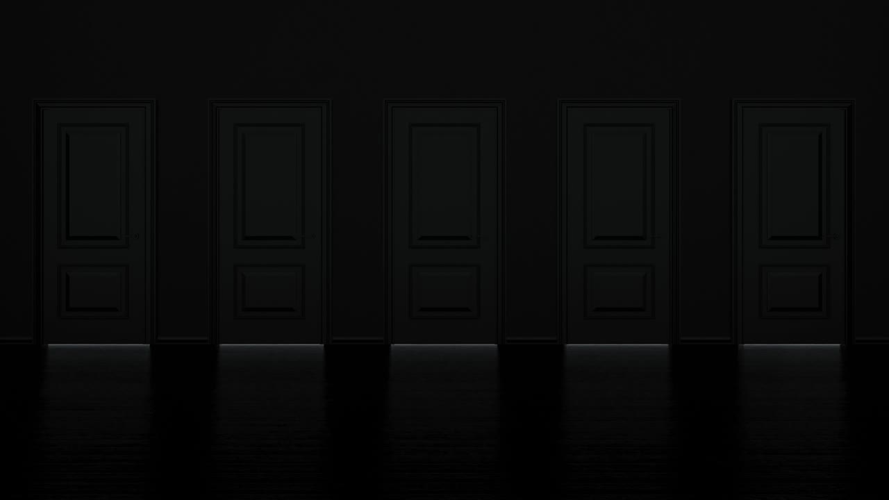 다섯 개의 문 - 어두운 방으로 밝은 빛으로 문을 열고, 비즈니스 성장, 진보 방식 및 앞으로의 성취 개념 - 4k의 3d 애니메이션 루프