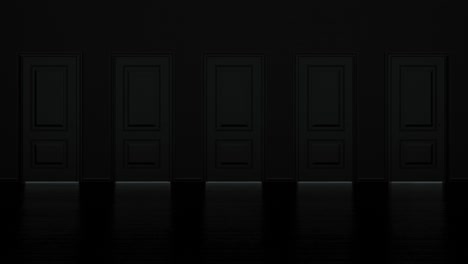 다섯 개의 문 - 어두운 방으로 밝은 빛으로 문을 열고, 비즈니스 성장, 진보 방식 및 앞으로의 성취 개념 - 4k의 3d 애니메이션 루프