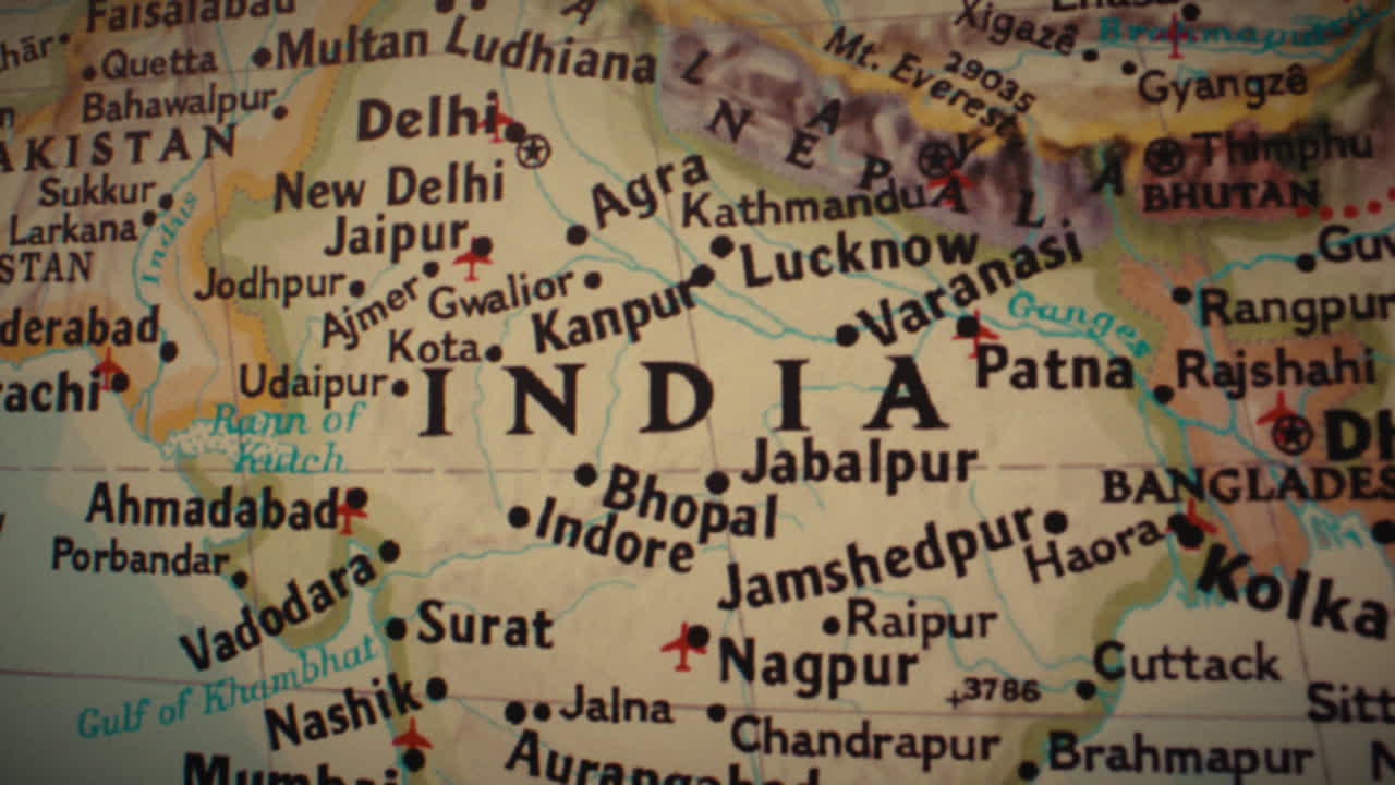 Close-up of a map showing India and surrounding regions