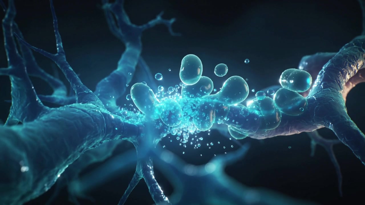 Grappolo luminoso che si espande, terminale assonico che rilascia vescicole attraverso la fessura verso il dendrite per la segnalazione.