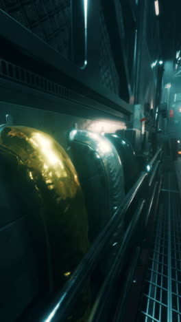 futuristic sci-fi corridor with gold and silver pipes