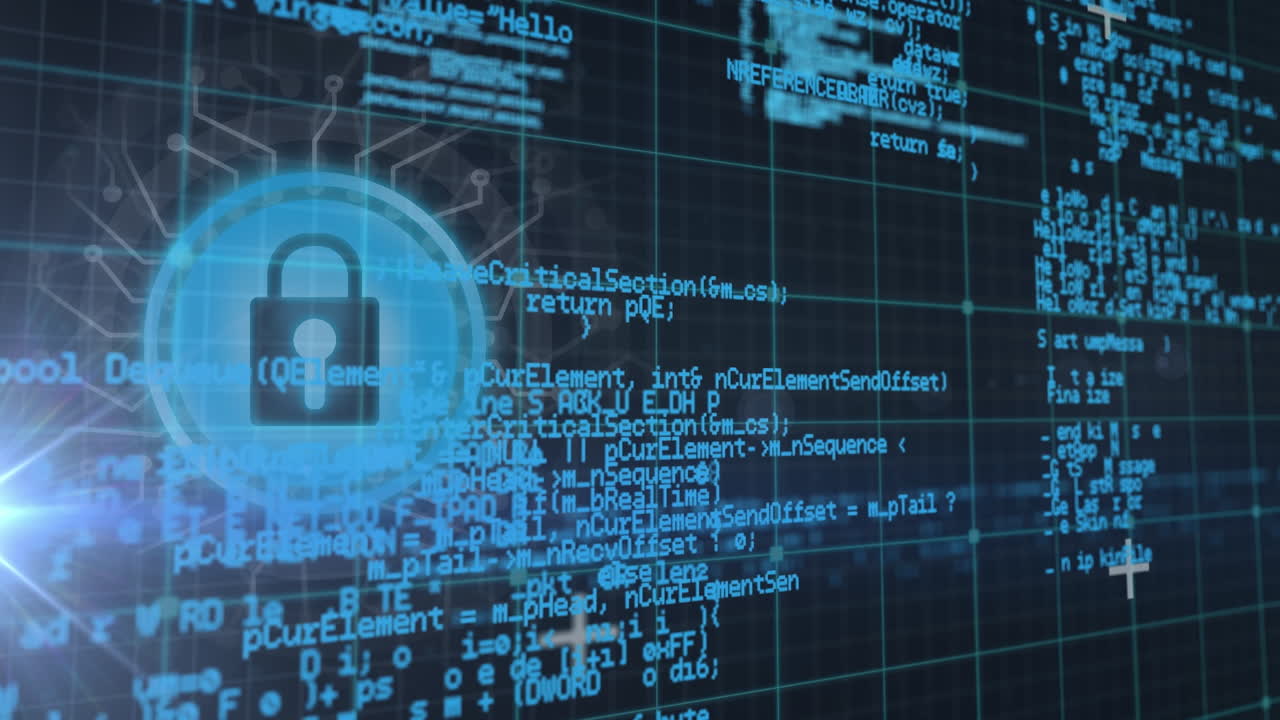 video de la interfaz digital y el candado sobre un fondo oscuro