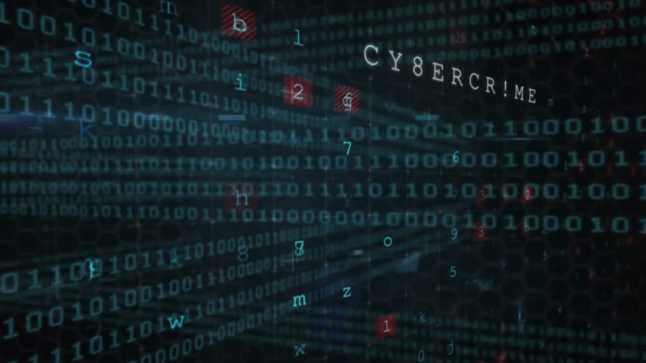 Animation of cyber attack warning over data processing on black background