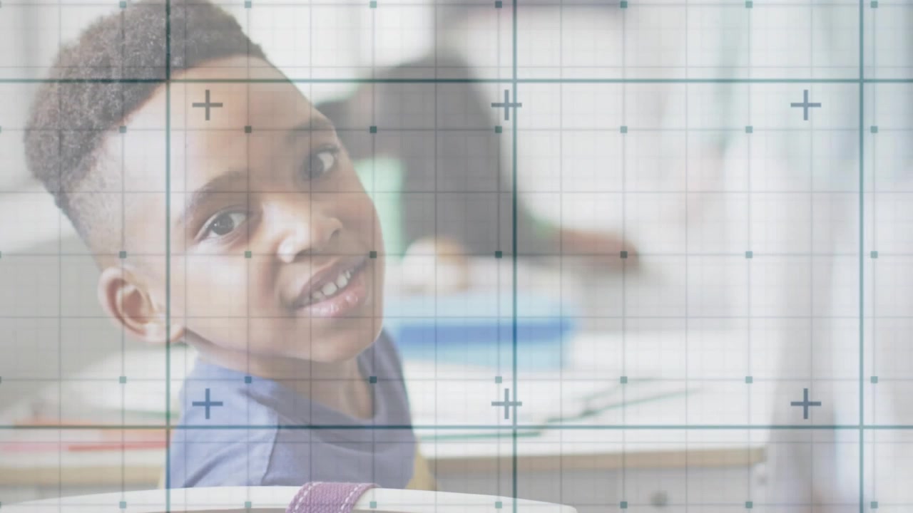 Teacher calling out in class triggers boy turning head, smiling while animated arrow guiding return