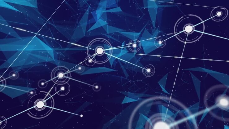 Animation of data processing and shapes over blue background