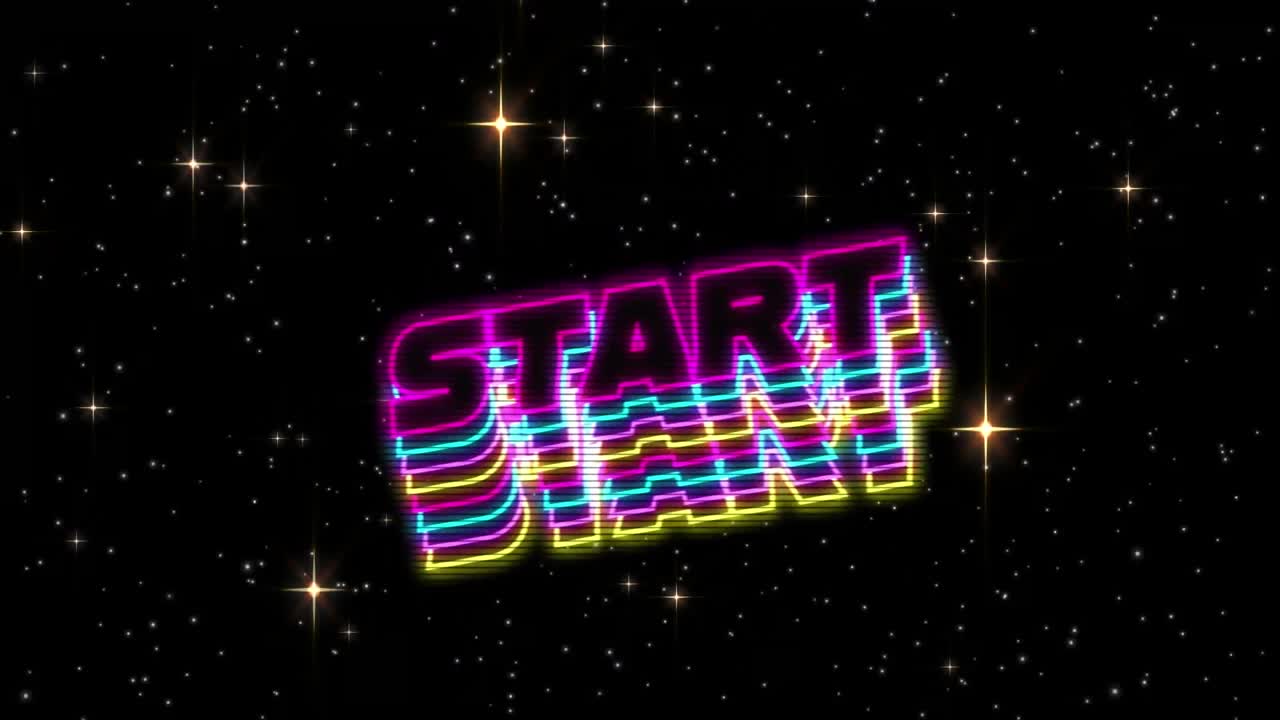 animación del texto de inicio sobre estrellas brillantes sobre fondo negro
