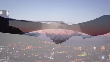 handshake with city in background