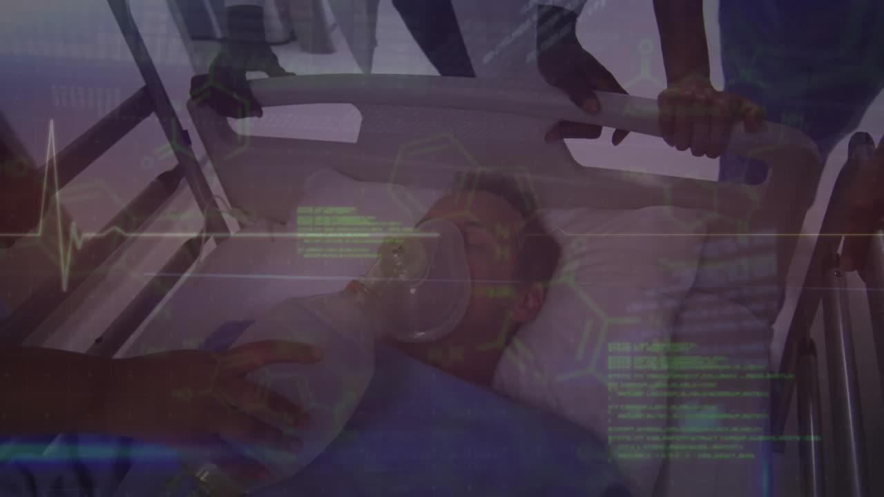 Diverse doctors walking with patient in bed with oxygen mask over cardiograph and data processing