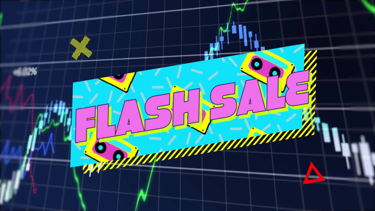 Flash Sale banner sliding over stock chart, featuring cassette icons, neon shapes, caution tape