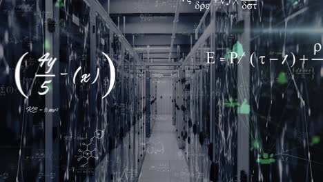 animation of mathematical equations and network of connections against computer server room