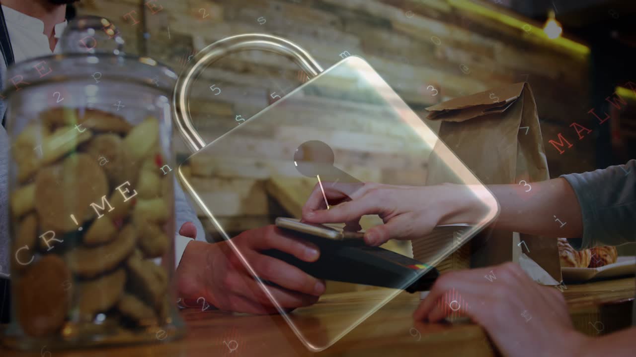 анимация сетевого замка безопасности над людьми, использующими платежный терминал