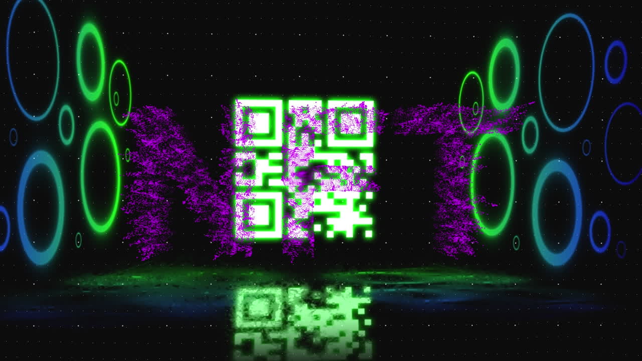 Animation of nft text and qr code over dark background