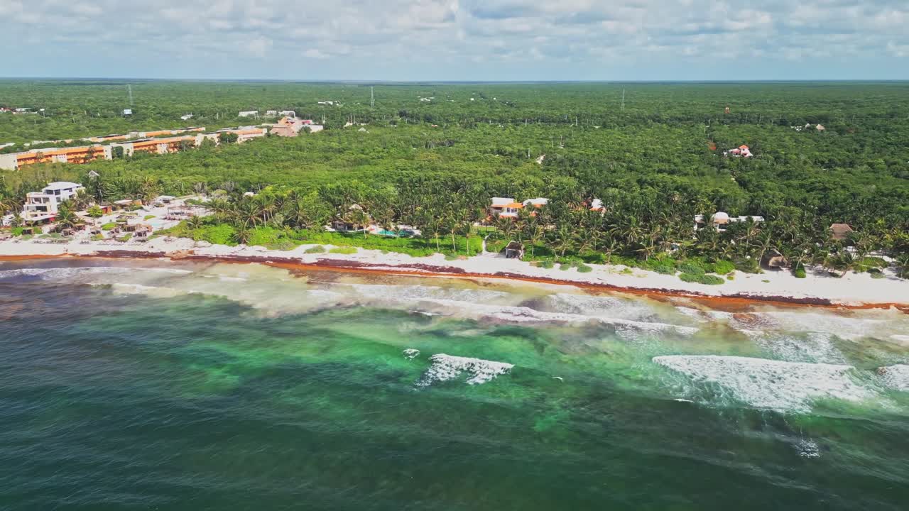 Aerial View Of Xpu Ha Beach With Tropical Palm Trees In Summer In Riviera Maya, Mexico