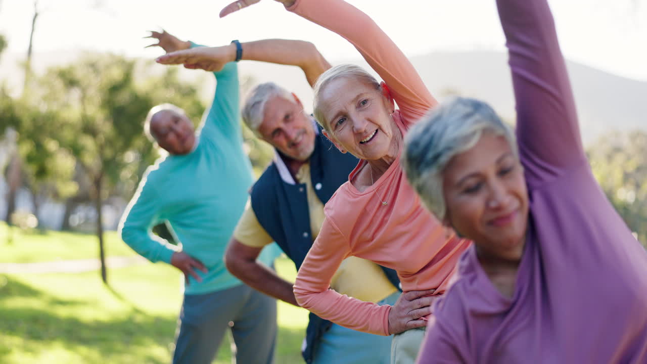 Group of Seniors Exercising and Stretching in a Park