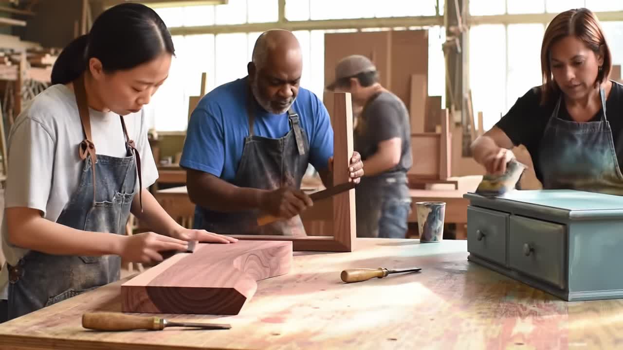 In a bright woodworking workshop, skilled artisans work diligently on furniture pieces, showcasing their craft. They shape wood, assemble parts, and apply finishing touches with precision.