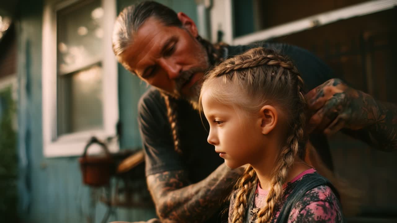 A tender moment shared between a father and daughter as he lovingly braids her hair under the warm sun, capturing the essence of family bonding and affection in a picturesque outdoor setting