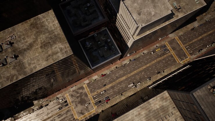 Vista Aérea de uma Rua da Cidade com Tráfego