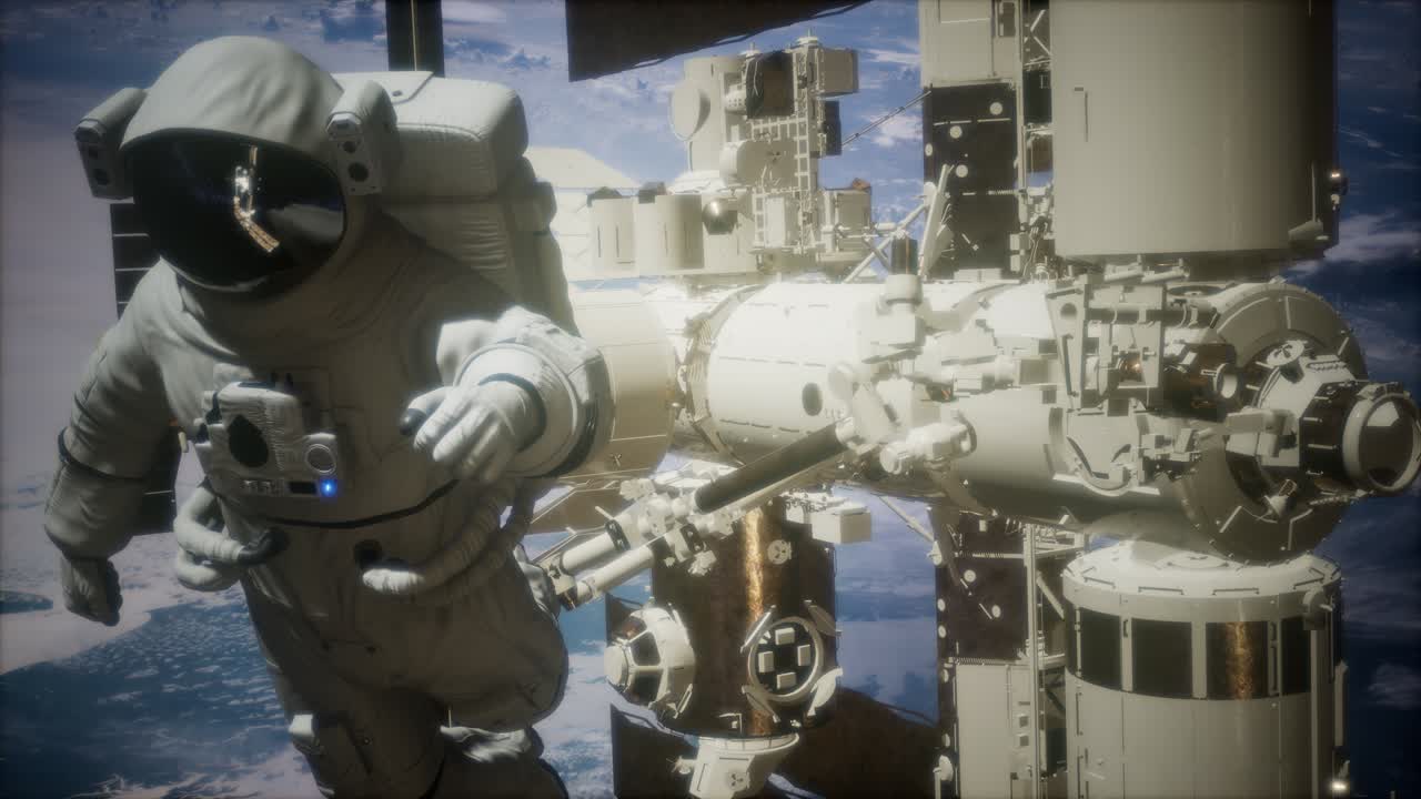 지구 위의 우주 공간에 있는 국제 우주 정거장과 우주 비행사