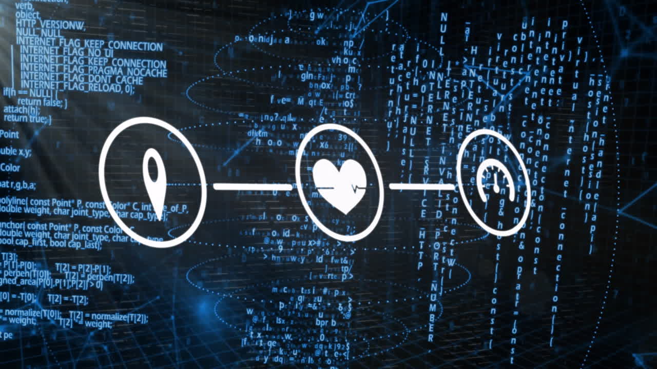 Animation of digital data and technology symbols on blue binary code background