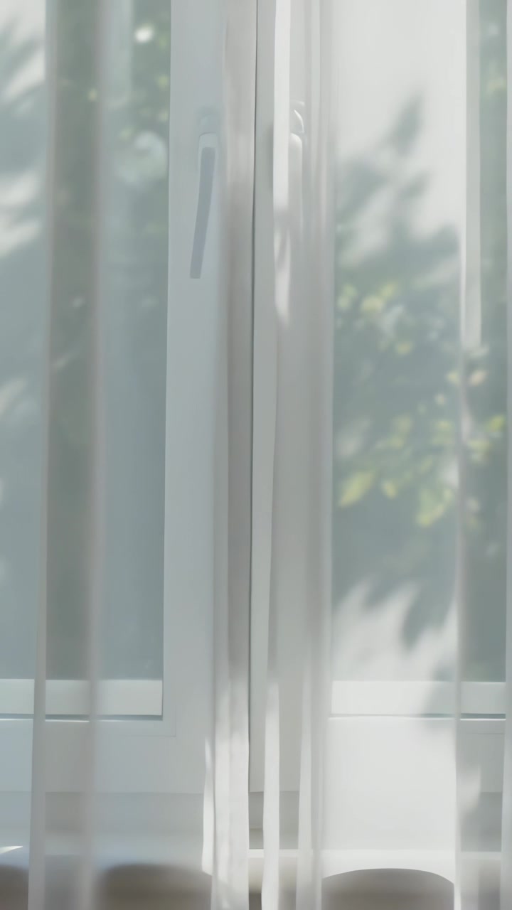 Vertical video: Shifting sheer curtain revealing window handle at home, breeze moving leaf shadows
