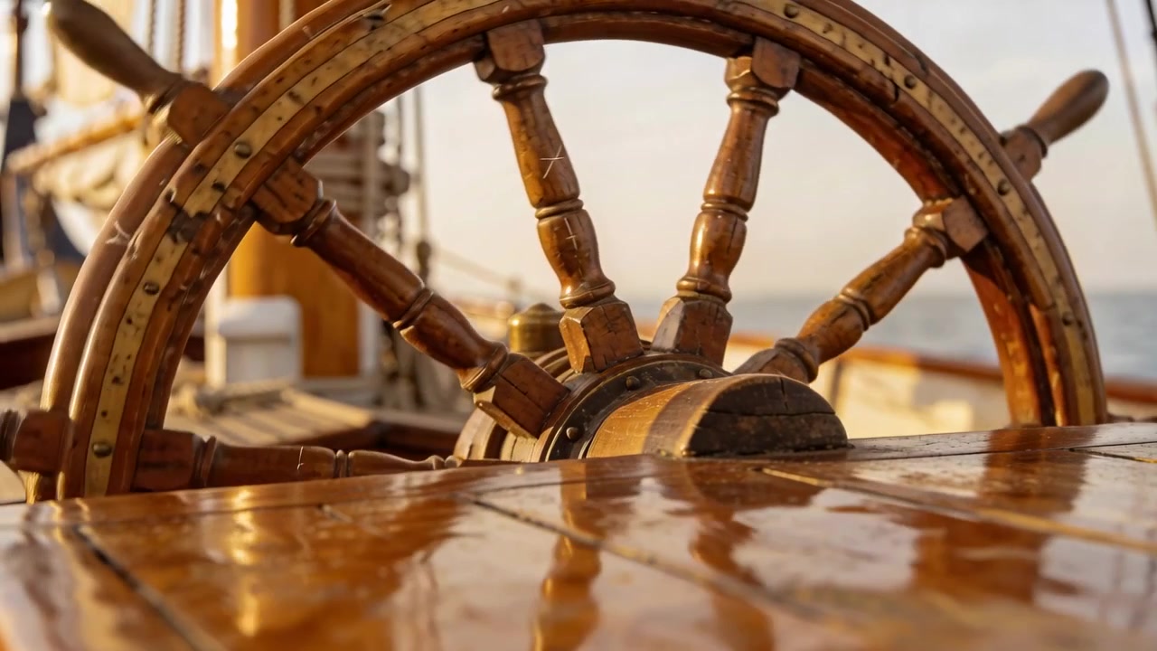 Timone di nave in legno che ruota e si sposta sul ponte in mare mentre una leggera brezza lo spinge, con riflessi sul ponte.