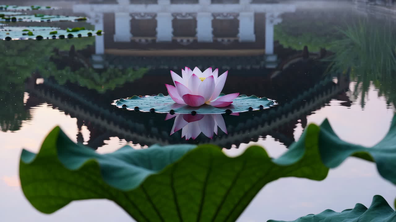 Pink Lotus Flower in a Pond with Reflection and Asian Architecture