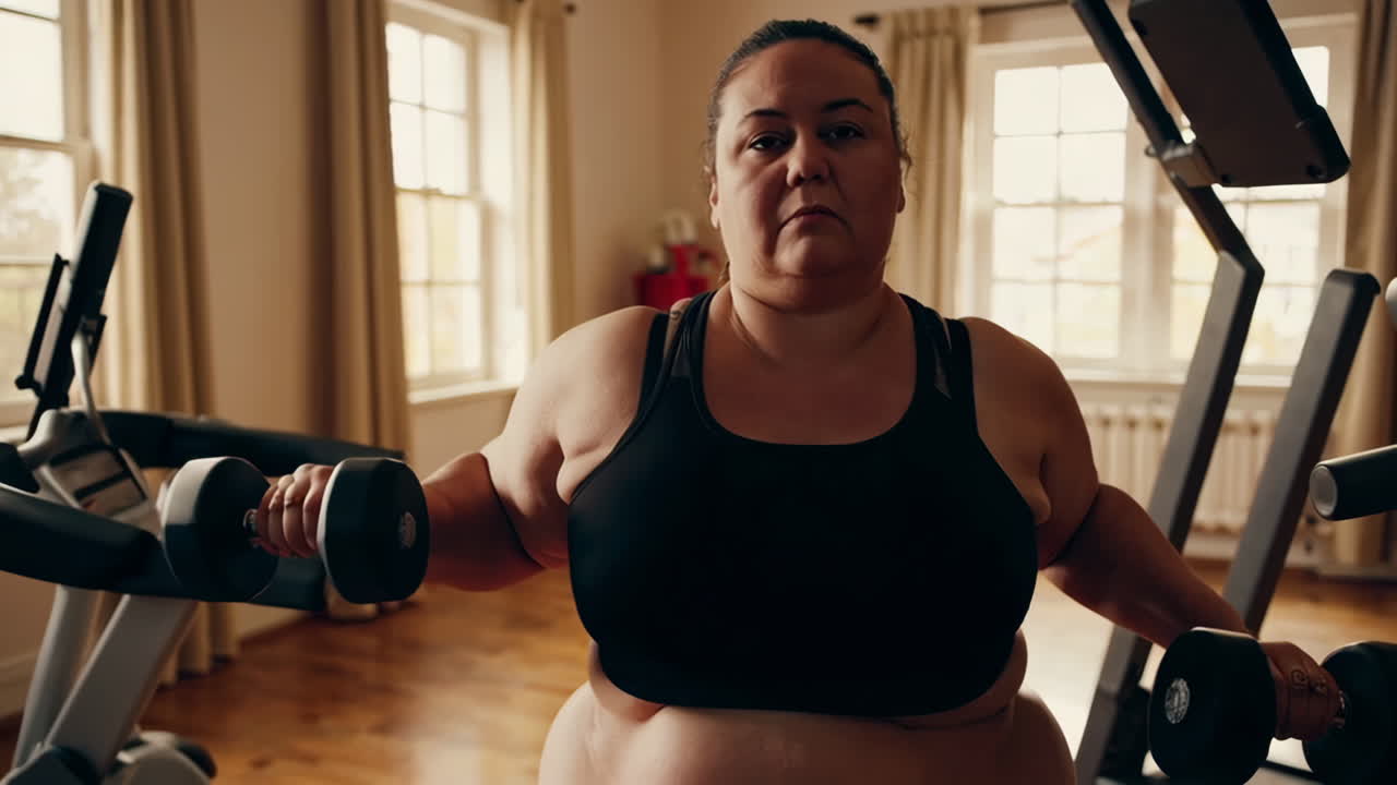 Plus-size woman working out with dumbbells at home