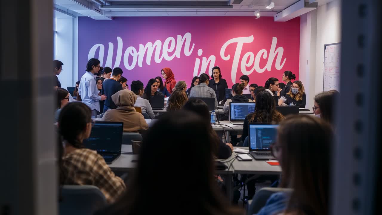 Rising group talking under Women in Tech mural, woman in headscarf guiding coding on laptops