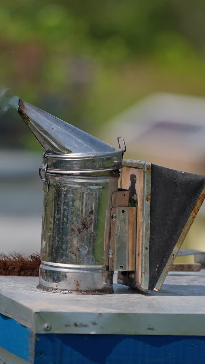 A metal smoker with white smoke coming from it and a brush at the beehive. Instrument and tool for apiculture work. Blurred backdrop. Vertical video