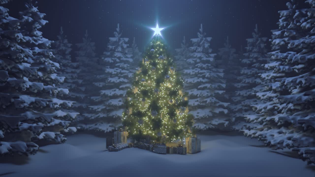 Christmas tree with a shining star and a garland in the forest with falling snow