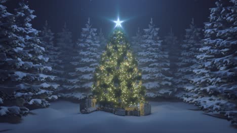 christmas tree with a shining star and a garland in the forest with falling snow