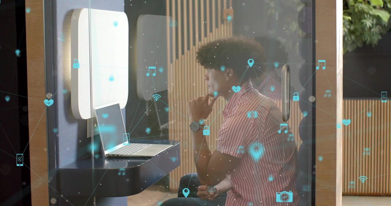 Man entering pod and focusing on display showing turquoise tech data streams swirling and fading