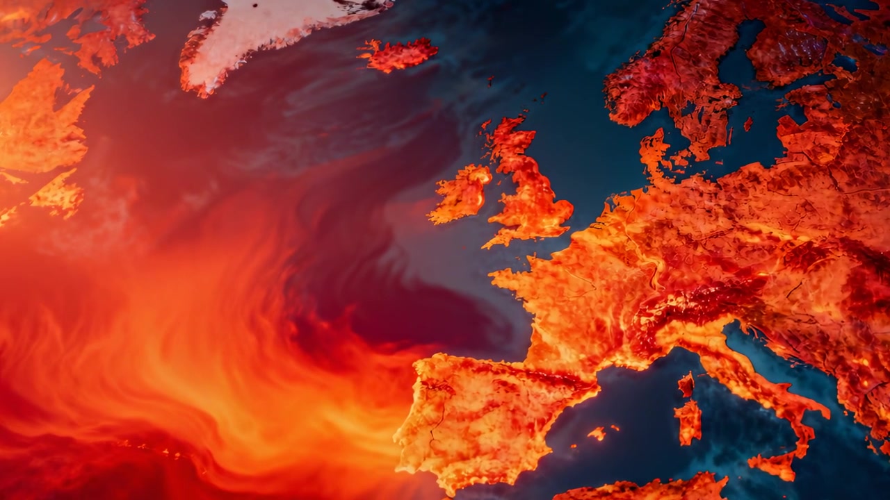 Un pennacchio caldo che appare al largo dell'Iberia si intensifica e si arriccia verso la mappa dell'Europa occidentale, dati termici