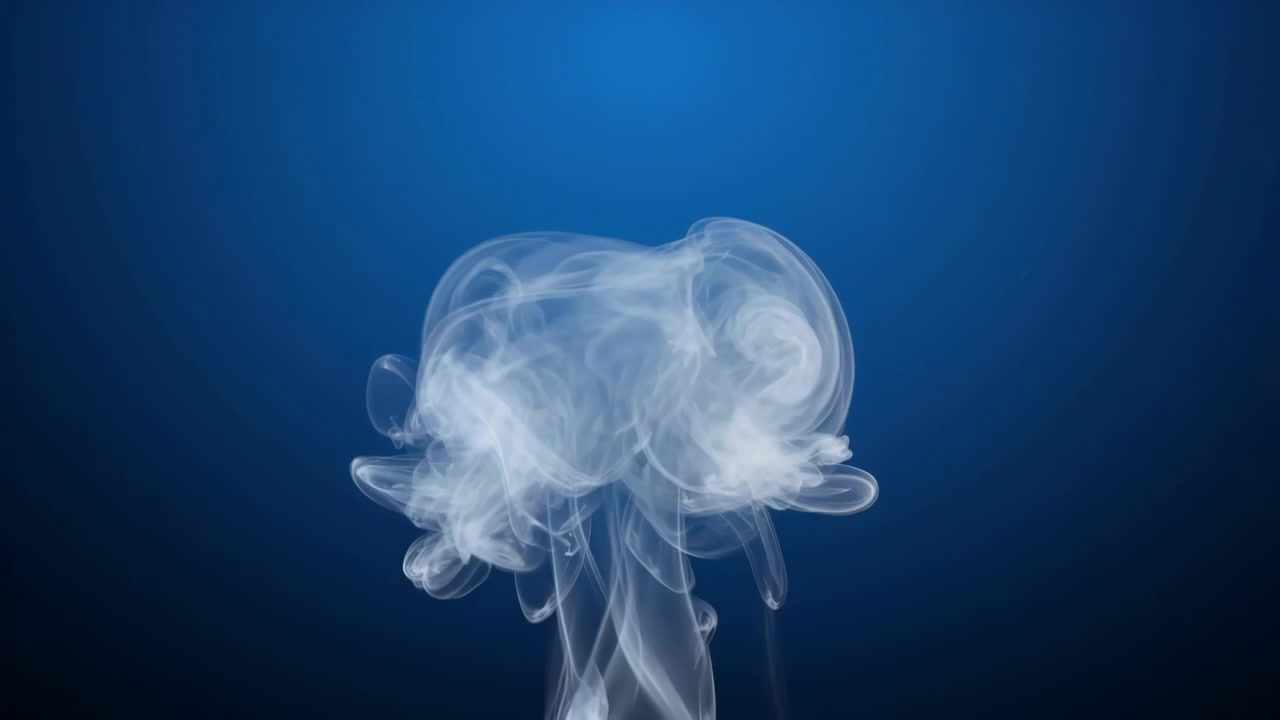Semi-dense column of translucent white smoke rises from bottom center, then expands into rounded cloudlike cap with overlapping curls, ribboned folds, smooth diffusion, soft glow, moody contrast