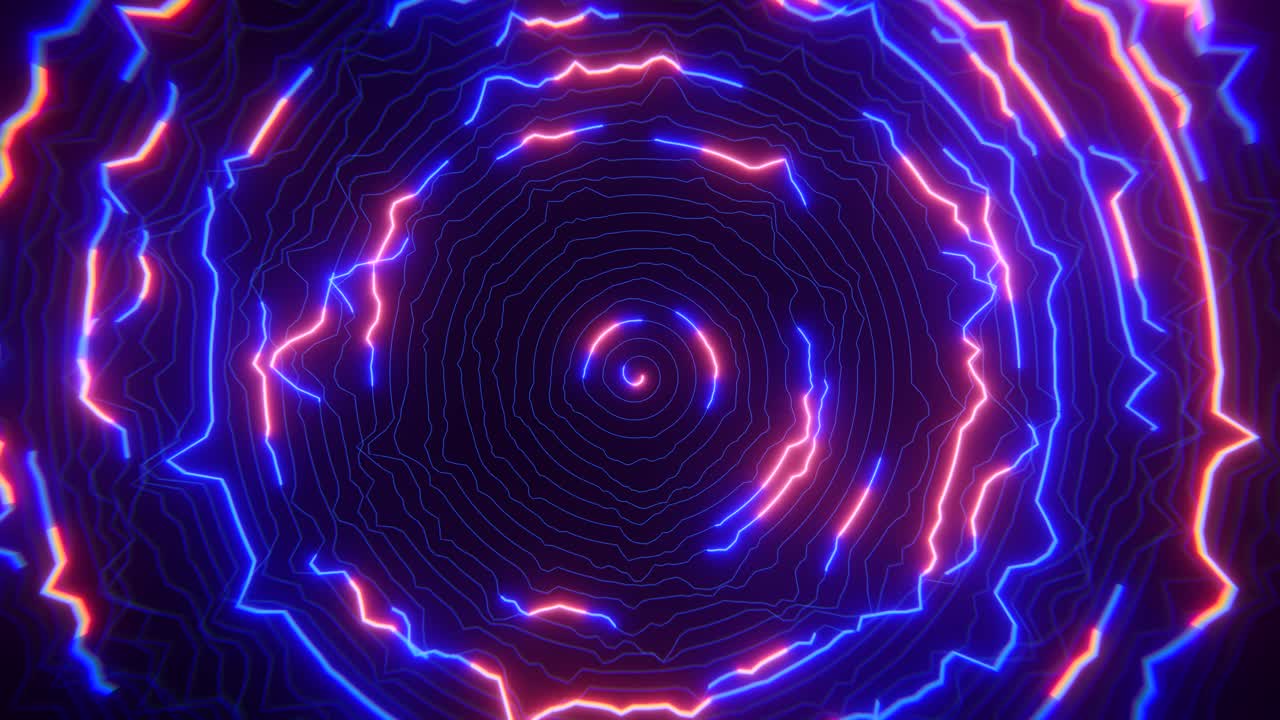 Linee neon dinamiche blu e rosse che formano cerchi pulsanti