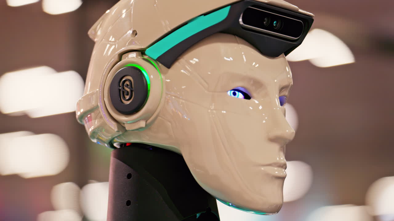 Cannes, France - February 15, 2025: Humanoid robot with a sleek black and white body, and glowing blue eyes, standing at conference