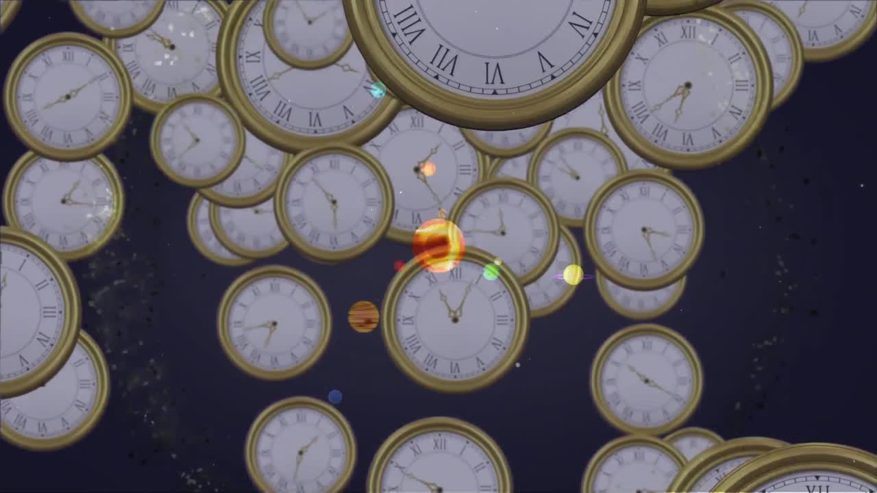 Animation of solar system, planets and space over clocks ticking