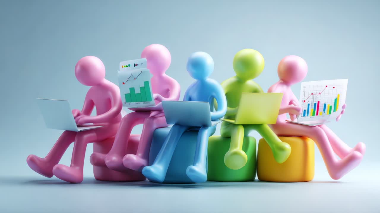 Colorful 3D Figures Engaged in Data Analysis and Collaboration, Each Using Laptops and Presenting Charts, Showcasing Teamwork and Modern Technology in a Vibrant Setting
