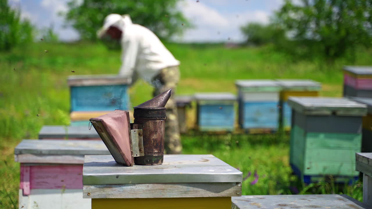 Old bee smoker. Beekeeper working in apiary