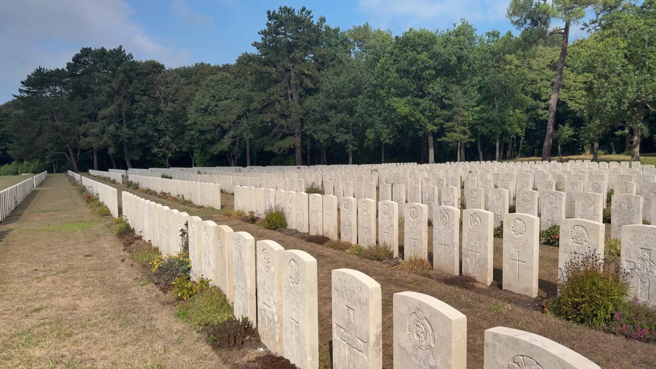 File di lapidi militari bianche in un grande cimitero delimitato da alberi fitti