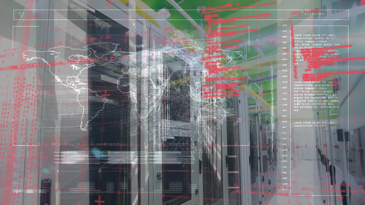 animación de la interfaz con procesamiento de datos sobre el mapa del mundo contra la sala de servidores de computadoras