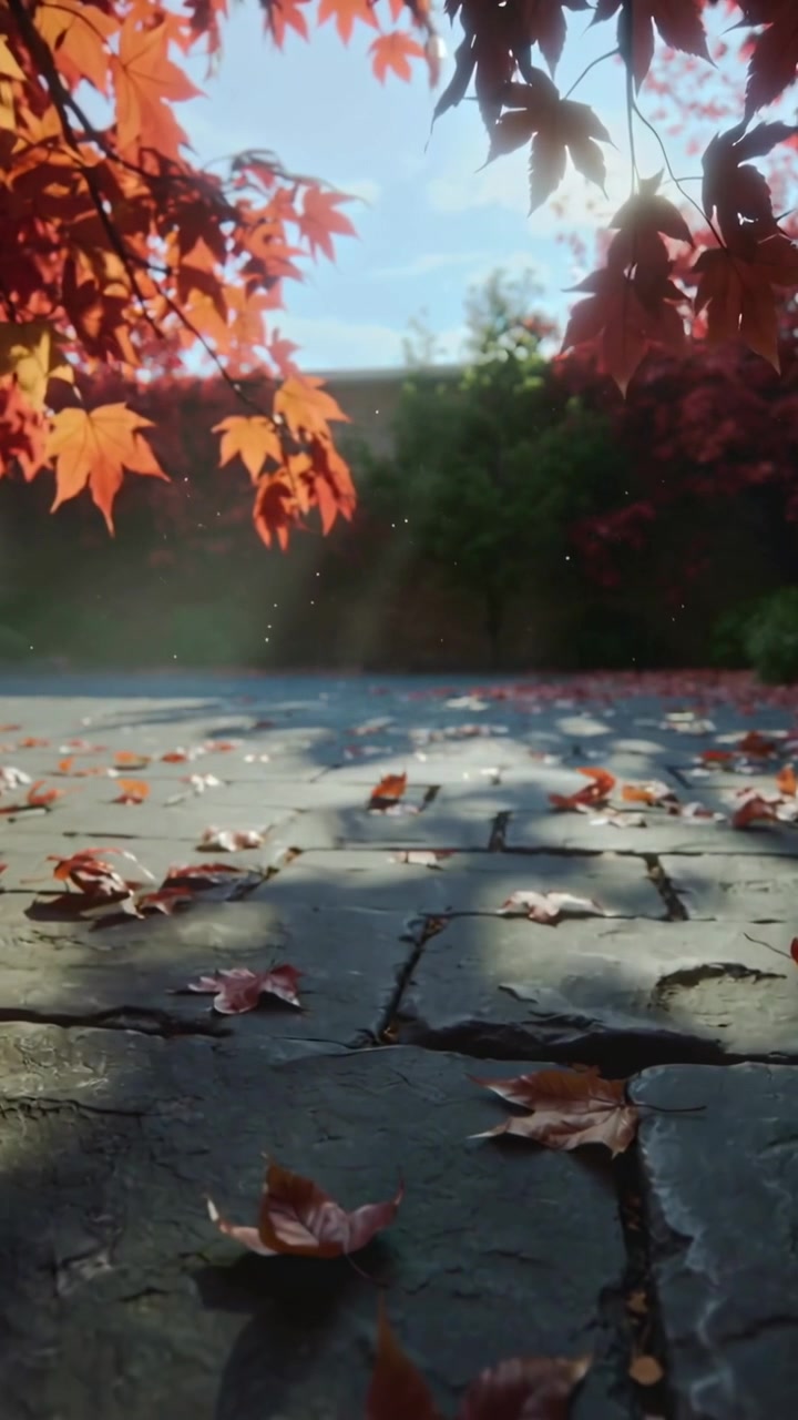Vertical video: Soft breeze sending red maple leaves spinning across cracked garden paving in sun
